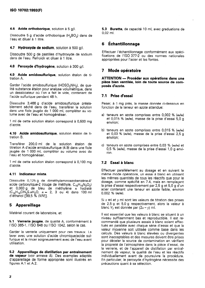 ISO 10702:1993 ISO 10702:1993 - Acier et fonte — Dosage de l'azote — Méthode titrimétrique après distillation/24/1993 - Page 4 preview