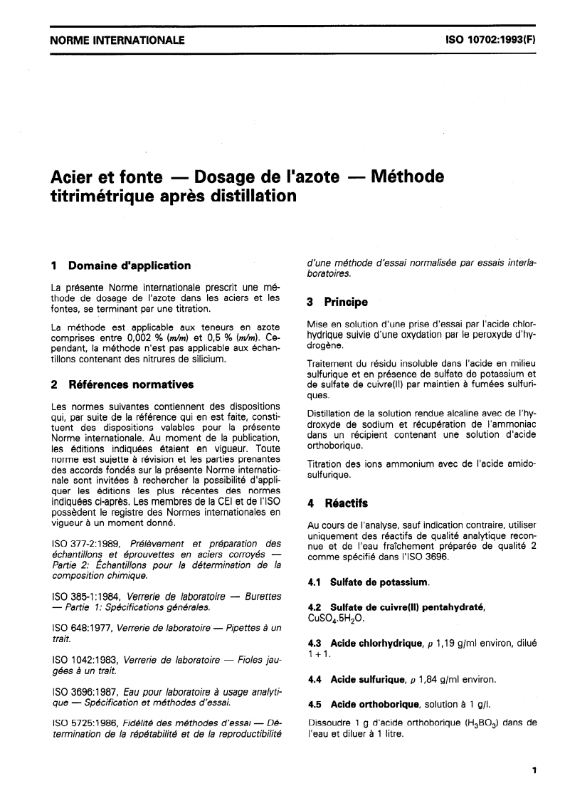 ISO 10702:1993 ISO 10702:1993 - Acier et fonte — Dosage de l'azote — Méthode titrimétrique après distillation/24/1993 - Page 3 preview