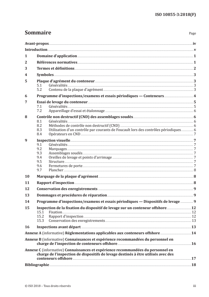 ISO 10855-3:2018 ISO 10855-3:2018 - Containeurs offshore et dispositifs de levage associés — Partie 3: Contrôle périodique, inspection et essais/26/2018 - Page 3 preview