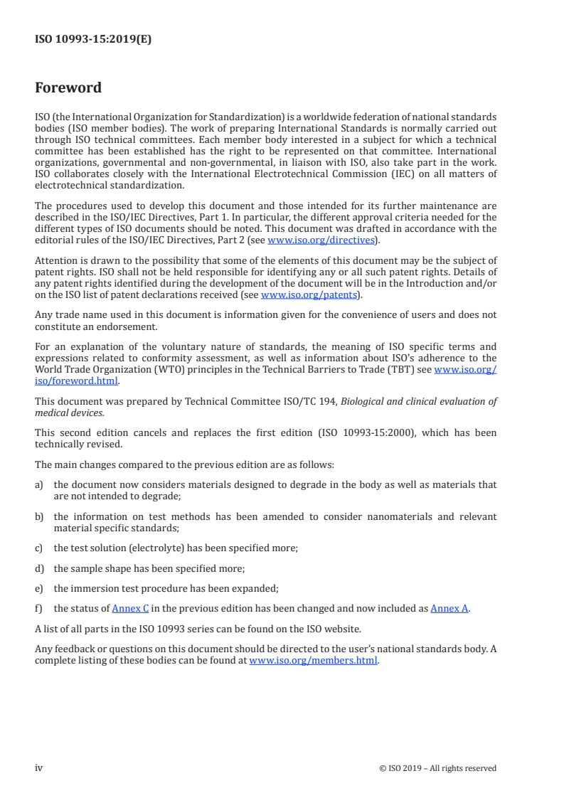 ISO 10993-15:2019 ISO 10993-15:2019 - Biological evaluation of medical devices — Part 15: Identification and quantification of degradation products from metals and alloys/26/2019 - Page 4 preview