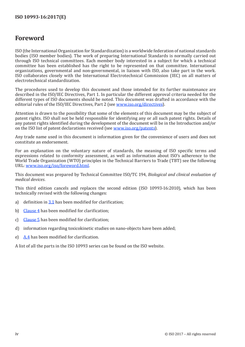 ISO 10993-16:2017 ISO 10993-16:2017 - Biological evaluation of medical devices — Part 16: Toxicokinetic study design for degradation products and leachables/16/2017 - Page 4 preview