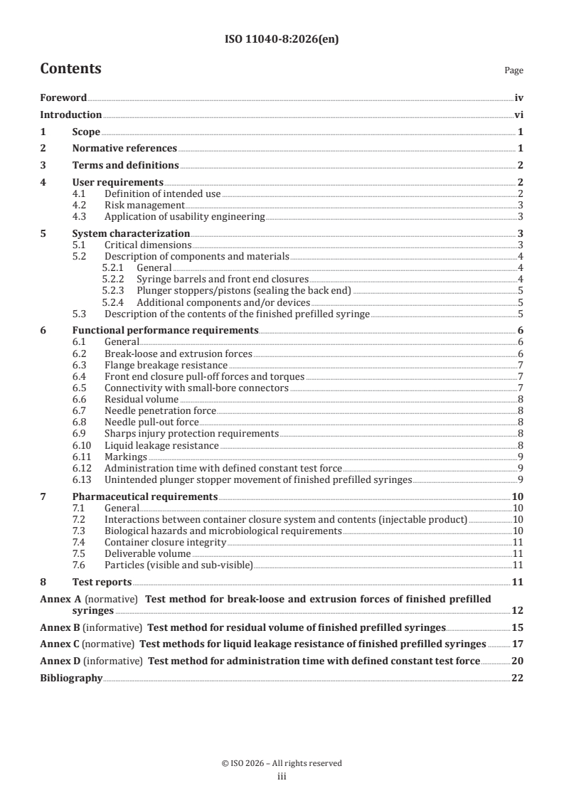 ISO 11040-8:2026 ISO 11040-8:2026 - Prefilled syringes — Part 8: Requirements and test methods for finished prefilled syringes - Page 3 preview