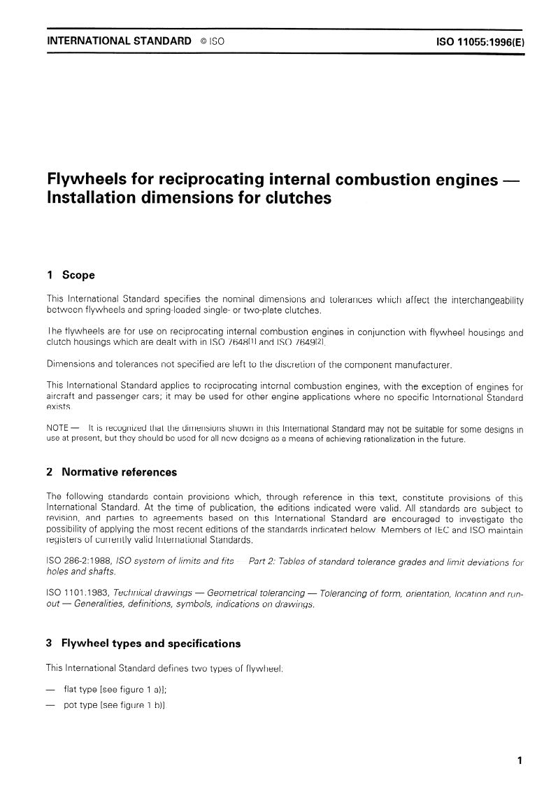 ISO 11055:1996 ISO 11055:1996 - Flywheels for reciprocating internal combustion engines — Installation dimensions for clutches/19/1996 - Page 3 preview