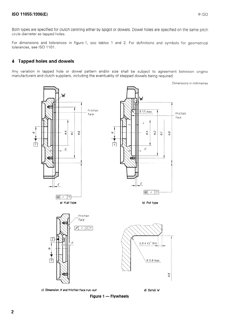 ISO 11055:1996 ISO 11055:1996 - Flywheels for reciprocating internal combustion engines — Installation dimensions for clutches/19/1996 - Page 4 preview