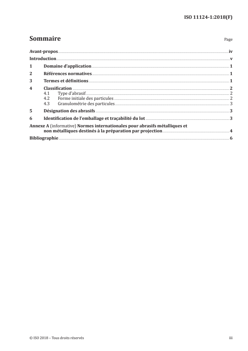 ISO 11124-1:2018 ISO 11124-1:2018 - Préparation des subjectiles d'acier avant application de peintures et de produits assimilés — Spécifications pour abrasifs métalliques destinés à la préparation par projection — Partie 1: Introduction générale et classification/23/2018 - Page 3 preview