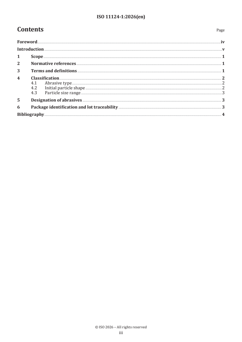 ISO 11124-1:2026 ISO 11124-1:2026 - Preparation of steel substrates before application of paints and related products — Specifications for metallic blast-cleaning abrasives — Part 1: General introduction and classification - Page 3 preview