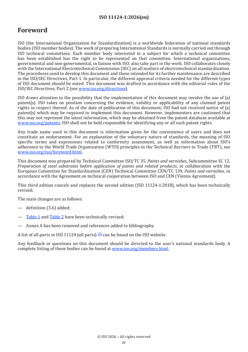 ISO 11124-1:2026 ISO 11124-1:2026 - Preparation of steel substrates before application of paints and related products — Specifications for metallic blast-cleaning abrasives — Part 1: General introduction and classification - Page 4 preview