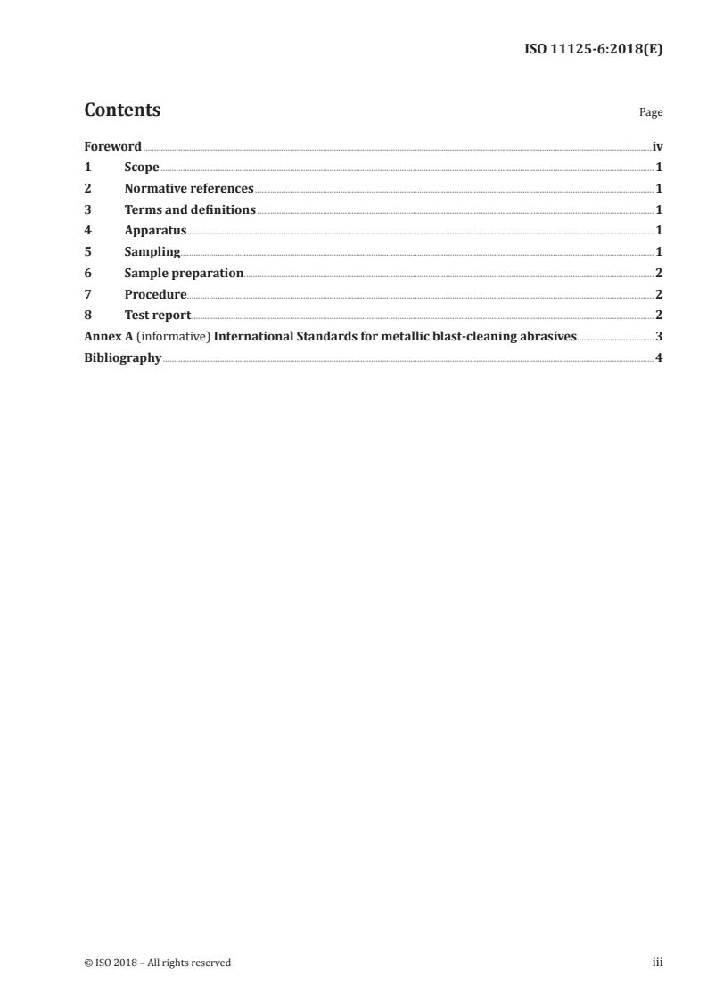 ISO 11125-6:2018 ISO 11125-6:2018 - Preparation of steel substrates before application of paints and related products — Test methods for metallic blast-cleaning abrasives — Part 6: Determination of foreign matter/23/2018 - Page 3 preview
