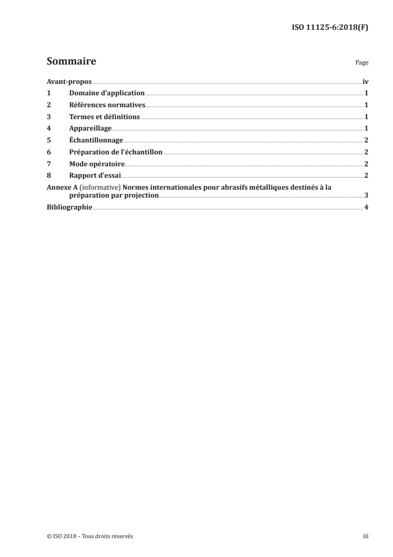 ISO 11125-6:2018 ISO 11125-6:2018 - Préparation des subjectiles d'acier avant application de peintures et de produits assimilés — Méthodes d'essai pour abrasifs métalliques destinés à la préparation par projection — Partie 6: Détermination des particules étrangères/23/2018 - Page 3 preview