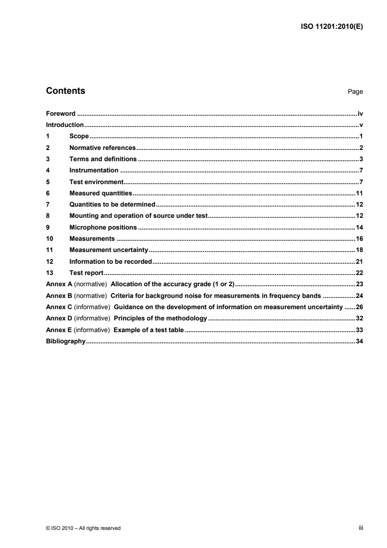 ISO 11201:2010 ISO 11201:2010 - Acoustics — Noise emitted by machinery and equipment — Determination of emission sound pressure levels at a work station and at other specified positions in an essentially free field over a reflecting plane with negligible environmental corrections/6/2010 - Page 3 preview