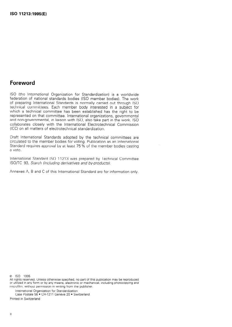 ISO 11213:1995 ISO 11213:1995 - Modified starch — Determination of acetyl content — Enzymatic method/26/1995 - Page 2 preview