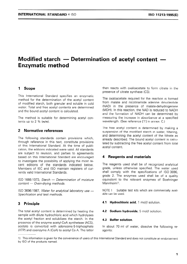 ISO 11213:1995 ISO 11213:1995 - Modified starch — Determination of acetyl content — Enzymatic method/26/1995 - Page 3 preview