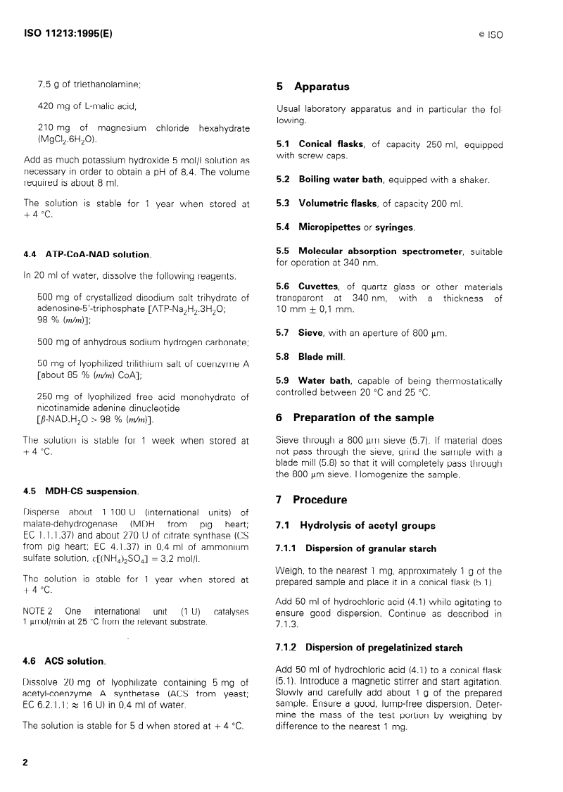 ISO 11213:1995 ISO 11213:1995 - Modified starch — Determination of acetyl content — Enzymatic method/26/1995 - Page 4 preview