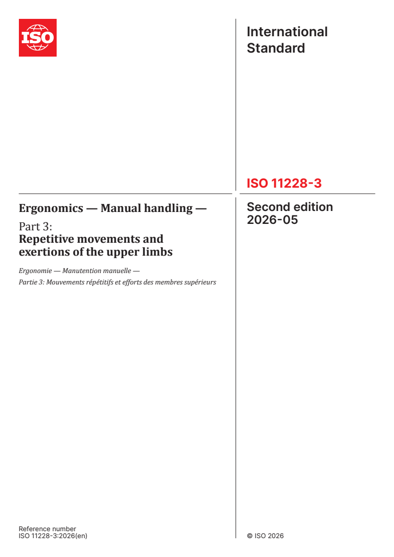 ISO 11228-3:2026 ISO 11228-3:2026 - Ergonomics — Manual handling — Part 3: Repetitive movements and exertions of the upper limbs - Page 1 preview