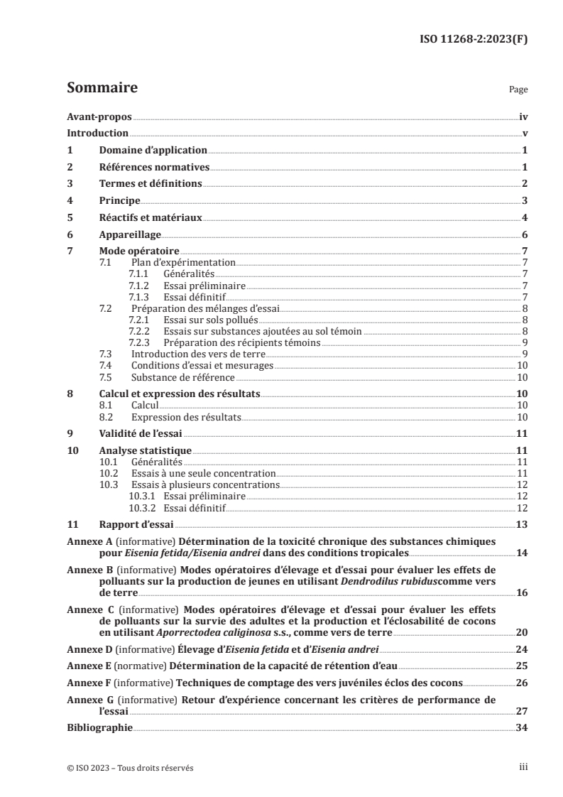 ISO 11268-2:2023 ISO 11268-2:2023 - Qualité du sol — Effets des polluants vis-à-vis des vers de terre — Partie 2: Détermination des effets sur la reproduction de Eisenia fetida/Eisenia andrei et d’autres espèces de vers de terre
Released:3/28/2023 - Page 3 preview