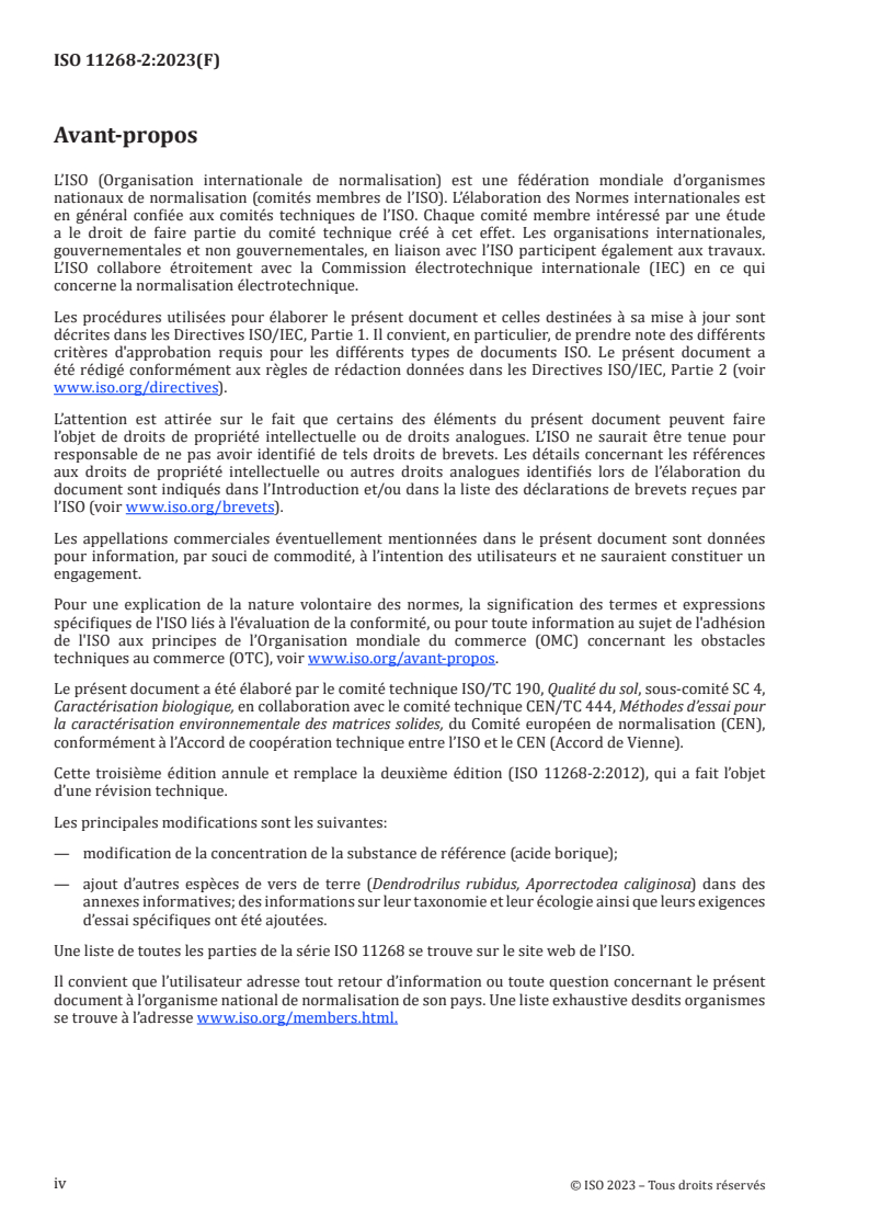 ISO 11268-2:2023 ISO 11268-2:2023 - Qualité du sol — Effets des polluants vis-à-vis des vers de terre — Partie 2: Détermination des effets sur la reproduction de Eisenia fetida/Eisenia andrei et d’autres espèces de vers de terre
Released:3/28/2023 - Page 4 preview