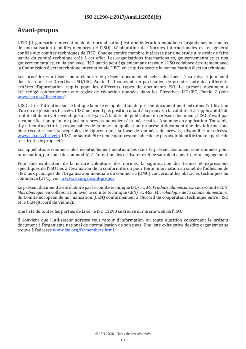 ISO 11290-1:2017/Amd 1:2026 ISO 11290-1:2017/Amd 1:2026 - Microbiologie de la chaîne alimentaire — Méthode horizontale pour la recherche et le dénombrement de Listeria monocytogenes et de Listeria spp. — Partie 1: Méthode de recherche — Amendement 1: Inclusion du stockage des échantillons avant l'analyse et modifications de la souche témoin pour les essais de performance des milieux de culture et des réactifs - Page 3 preview