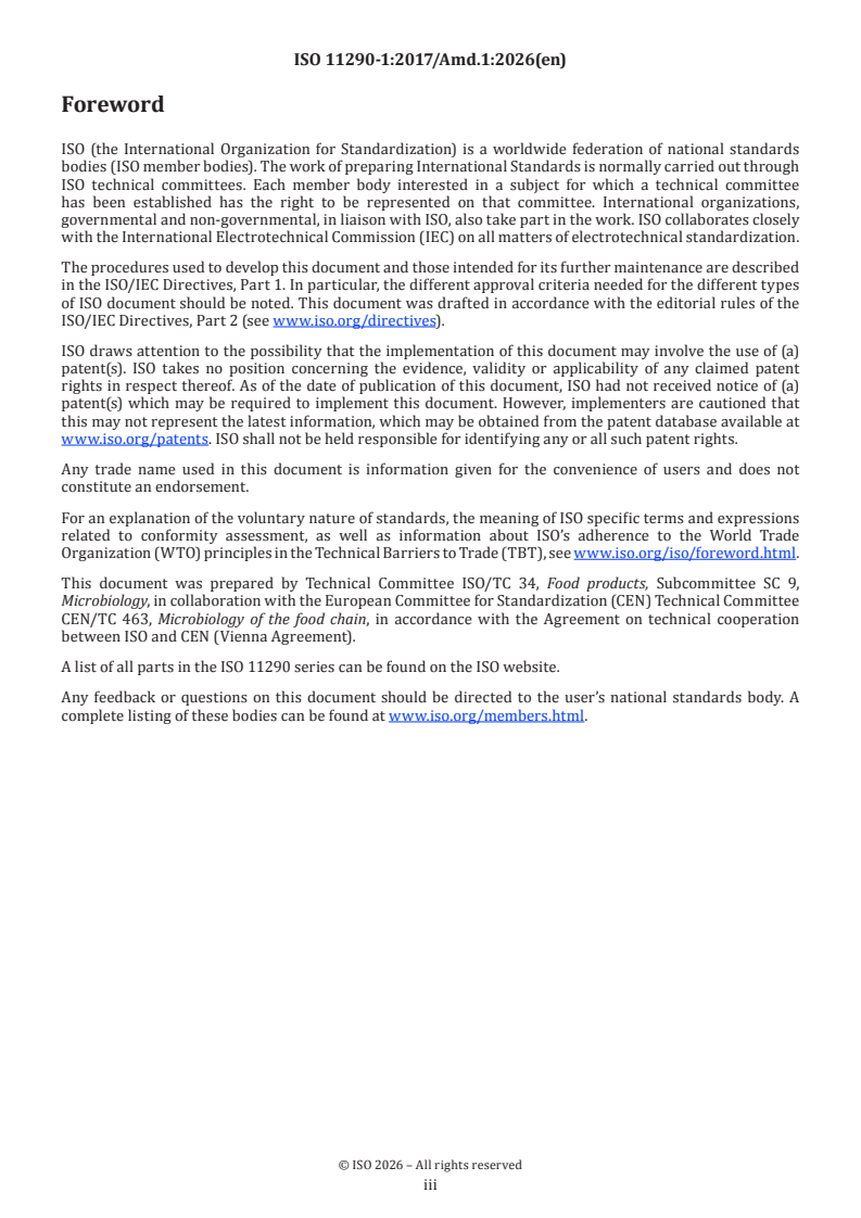 ISO 11290-1:2017/Amd 1:2026 ISO 11290-1:2017/Amd 1:2026 - Microbiology of the food chain — Horizontal method for the detection and enumeration of Listeria monocytogenes and of Listeria spp. — Part 1: Detection method — Amendment 1: Inclusion of storage of the samples before analysis and changes in the control strain for performance testing of culture media and reagents - Page 3 preview