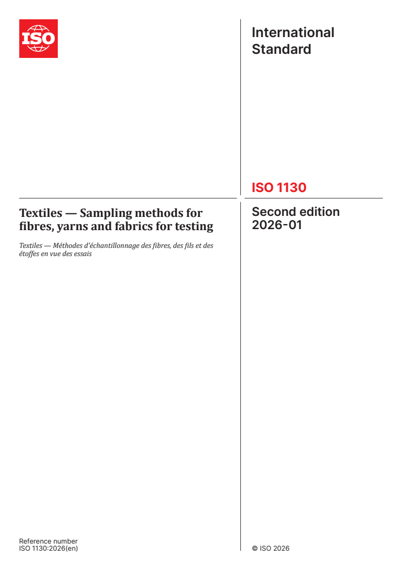 ISO 1130:2026 ISO 1130:2026 - Textiles — Sampling methods for fibres, yarns and fabrics for testing
Released:30. 01. 2026 - Page 1 preview