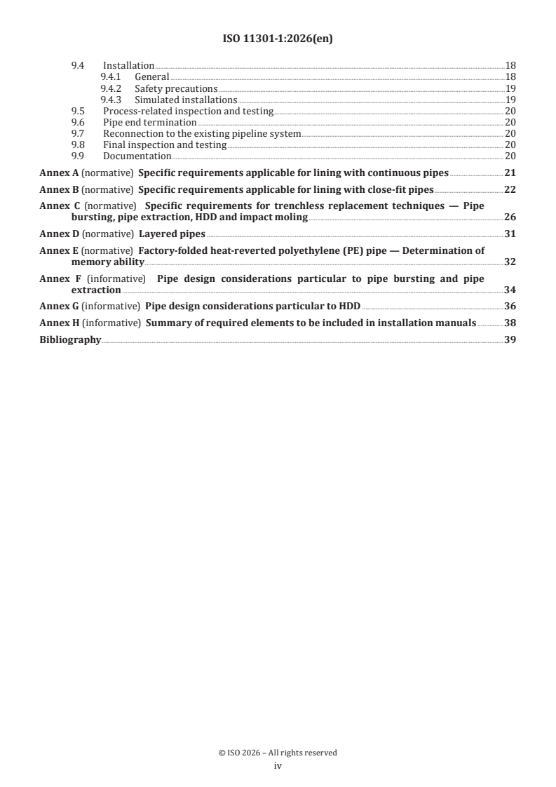 ISO 11301-1:2026 ISO 11301-1:2026 - Piping systems for rehabilitation of underground gas supply networks — Part 1: Polyethylene (PE) material - Page 4 preview