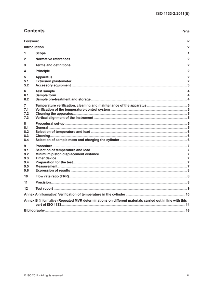 ISO 1133-2:2011 ISO 1133-2:2011 - Plastics — Determination of the melt mass-flow rate (MFR) and melt volume-flow rate (MVR) of thermoplastics — Part 2: Method for materials sensitive to time-temperature history and/or moisture/29/2011 - Page 3 preview