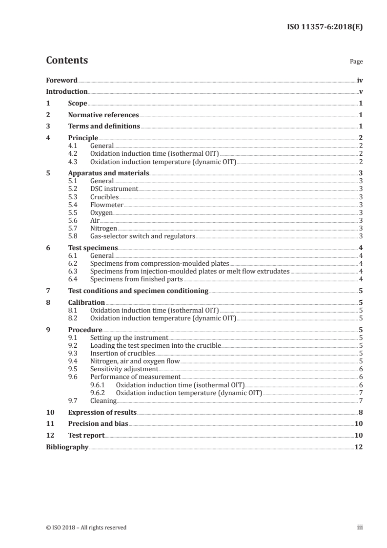 ISO 11357-6:2018 ISO 11357-6:2018 - Plastics — Differential scanning calorimetry (DSC) — Part 6: Determination of oxidation induction time (isothermal OIT) and oxidation induction temperature (dynamic OIT)/9/2018 - Page 3 preview