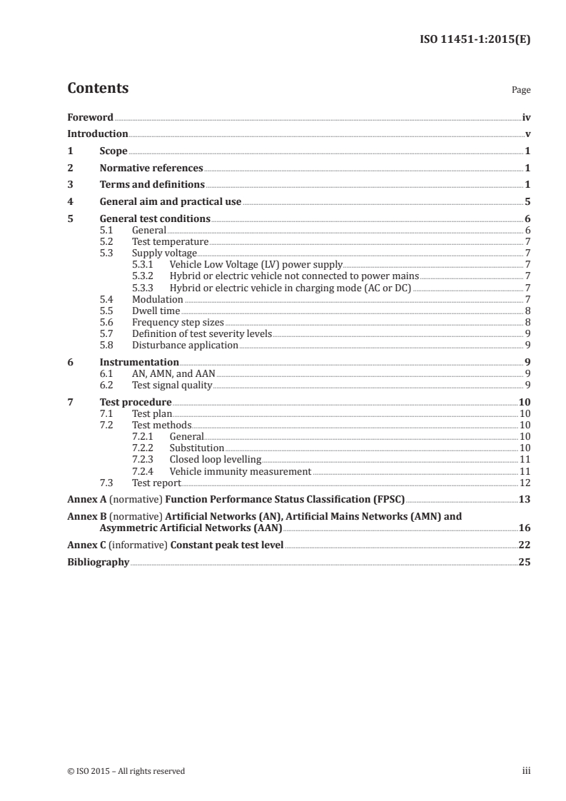 ISO 11451-1:2015 ISO 11451-1:2015 - Road vehicles — Vehicle test methods for electrical disturbances from narrowband radiated electromagnetic energy — Part 1: General principles and terminology/2/2015 - Page 3 preview
