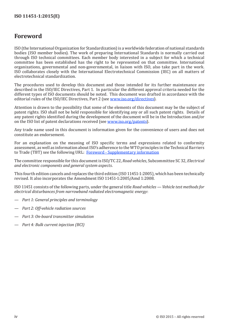 ISO 11451-1:2015 ISO 11451-1:2015 - Road vehicles — Vehicle test methods for electrical disturbances from narrowband radiated electromagnetic energy — Part 1: General principles and terminology/2/2015 - Page 4 preview