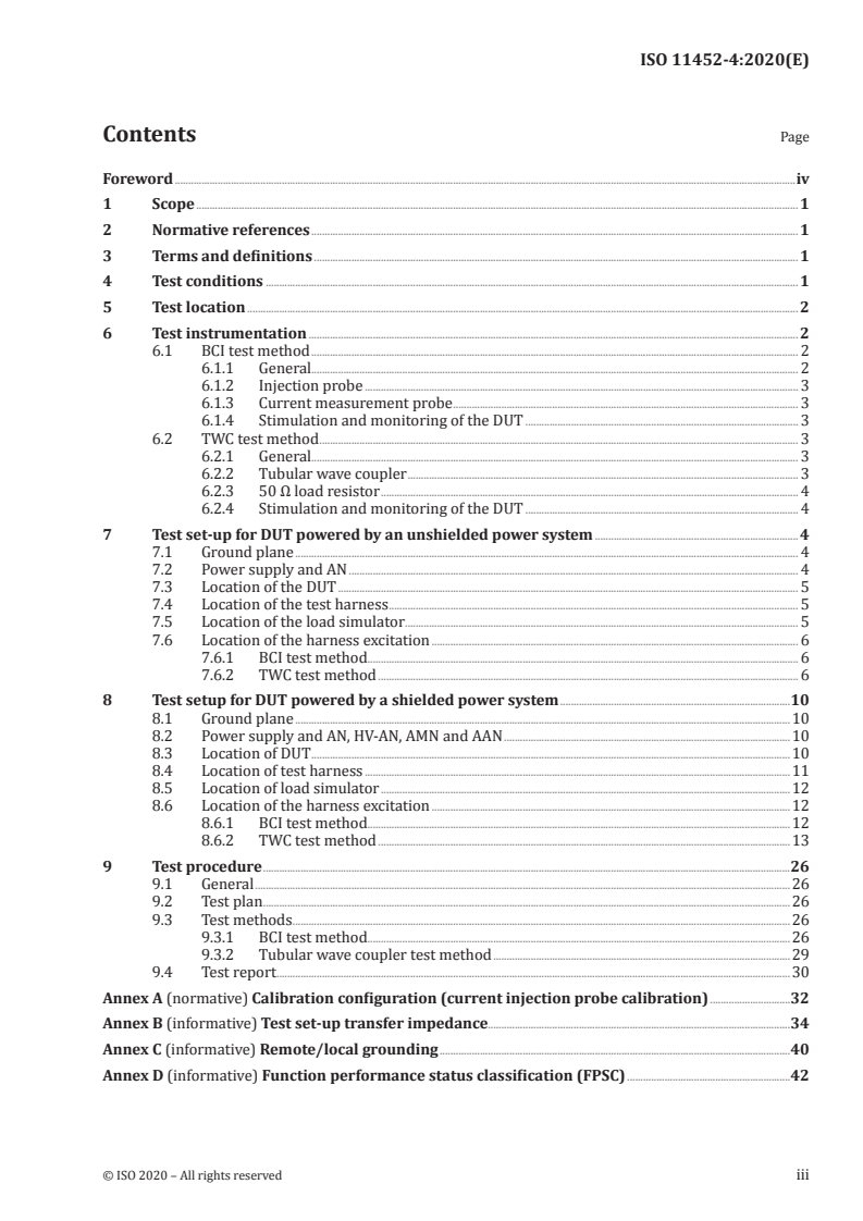 ISO 11452-4:2020 ISO 11452-4:2020 - Road vehicles — Component test methods for electrical disturbances from narrowband radiated electromagnetic energy — Part 4: Harness excitation methods/24/2020 - Page 3 preview