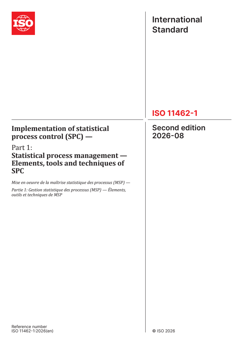 ISO 11462-1:2026 ISO 11462-1:2026 - Implementation of statistical process control (SPC) — Part 1: Statistical process management — Elements, tools and techniques of SPC - Page 1 preview
