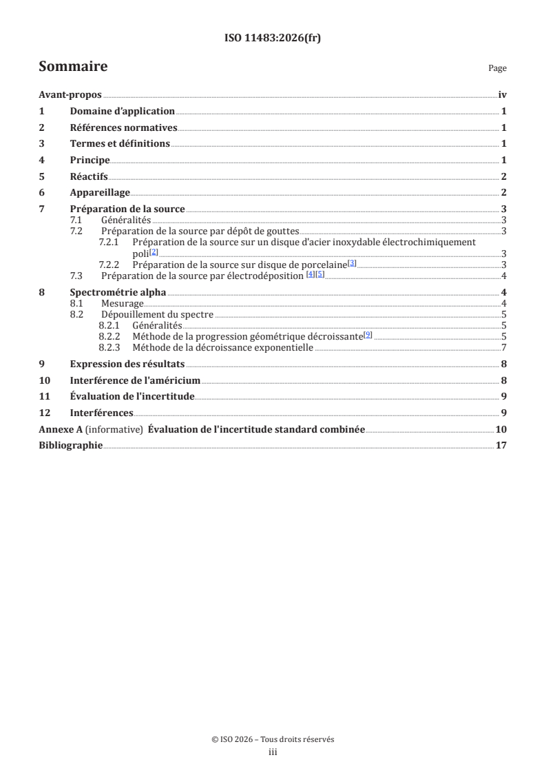 ISO 11483:2026 ISO 11483:2026 - Technologie du combustible nucléaire — Préparation des sources de plutonium et détermination du rapport isotopique 238Pu/239Pu par spectrométrie alpha - Page 3 preview