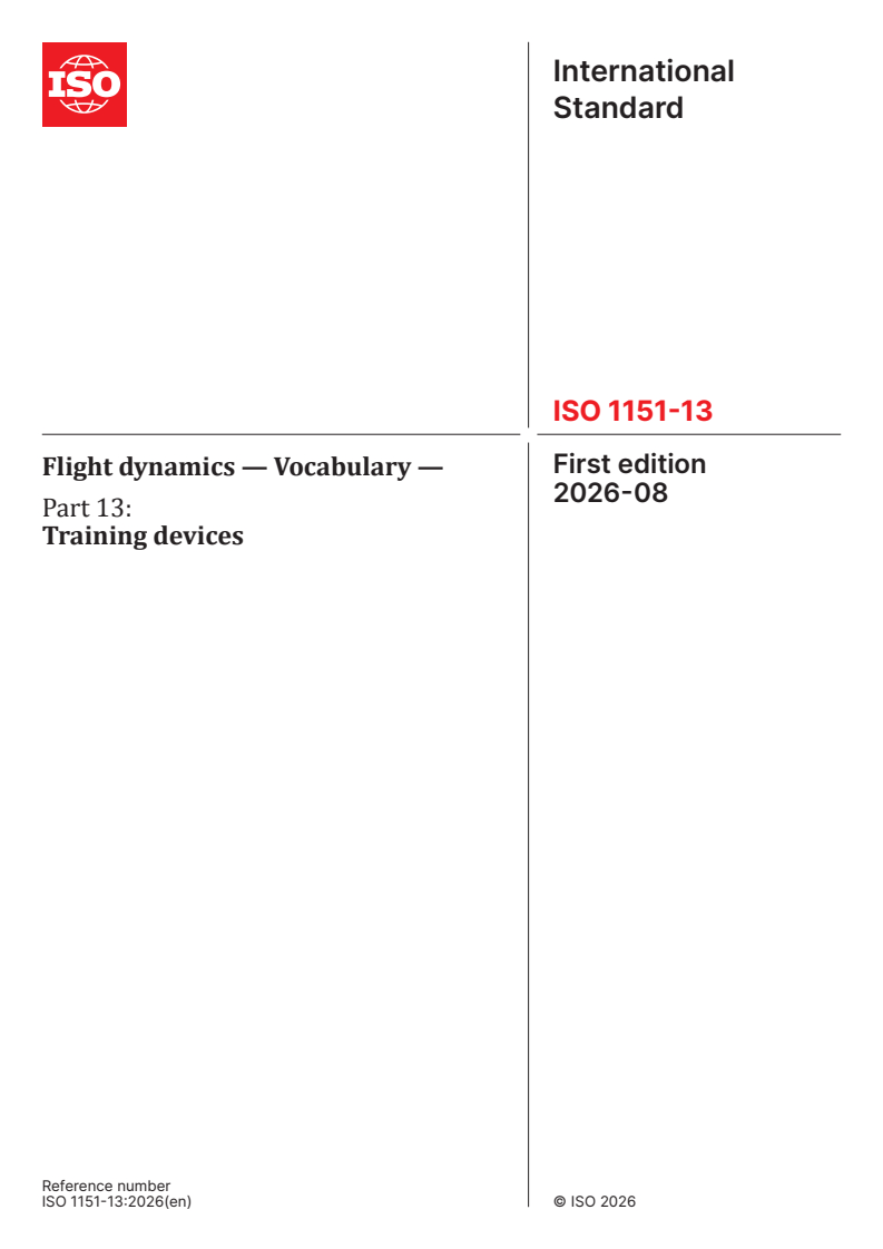 ISO 1151-13:2026 ISO 1151-13:2026 - Flight dynamics — Vocabulary — Part 13: Training devices - Page 1 preview