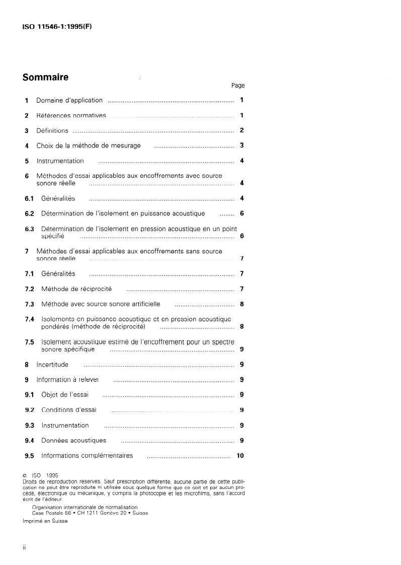 ISO 11546-1:1995 ISO 11546-1:1995 - Acoustique — Détermination de l'isolement acoustique des encoffrements — Partie 1: Mesurages dans des conditions de laboratoire (aux fins de déclaration)/7/1995 - Page 2 preview