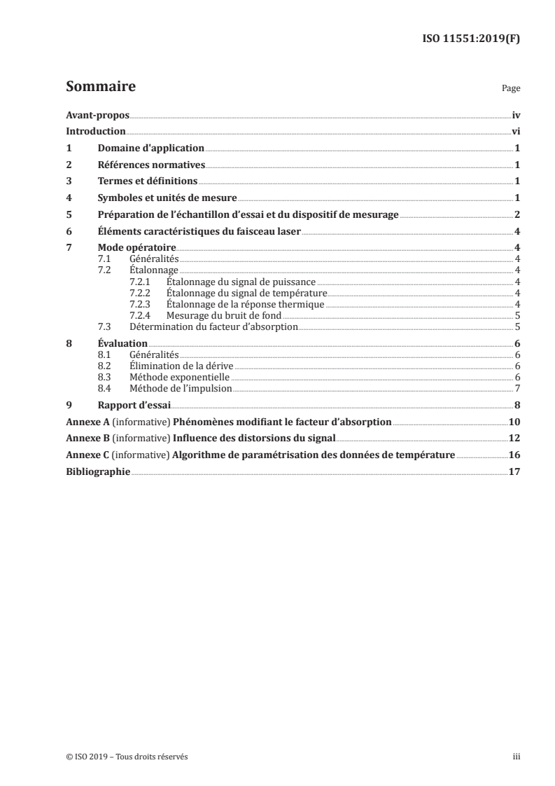ISO 11551:2019 ISO 11551:2019 - Optique et photonique — Lasers et équipements associés aux lasers — Méthode d'essai du facteur d'absorption des composants optiques pour lasers/16/2020 - Page 3 preview