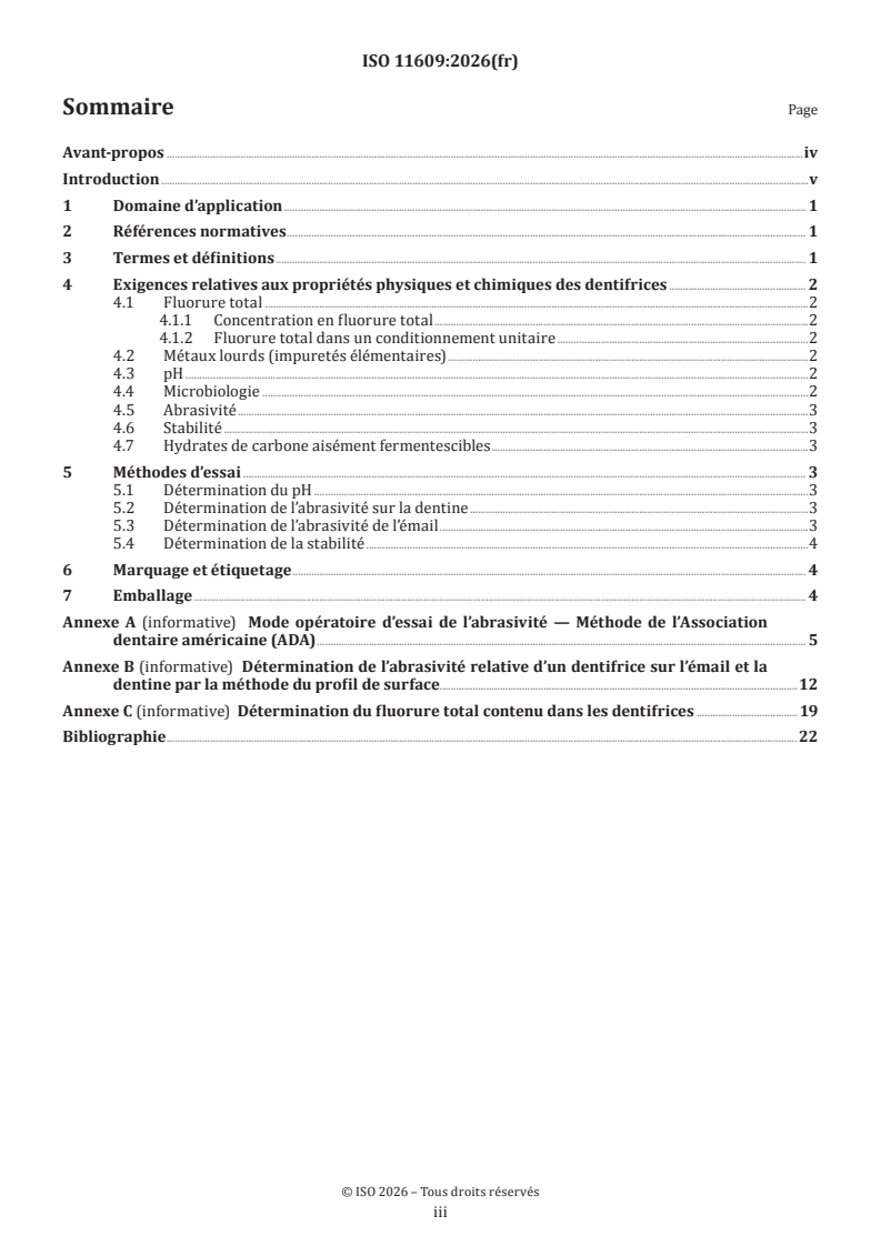 ISO 11609:2026 ISO 11609:2026 - Médecine bucco-dentaire — Dentifrices — Exigences, méthodes d’essai et marquage - Page 3 preview
