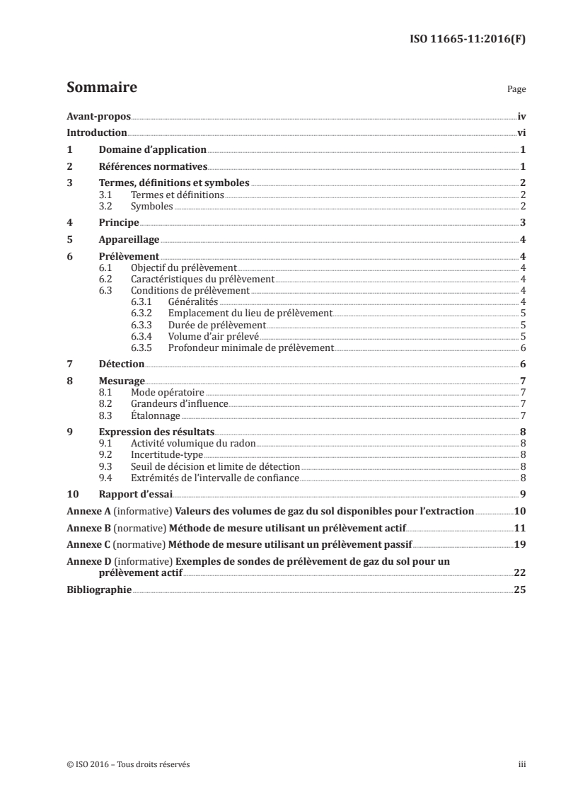 ISO 11665-11:2016 ISO 11665-11:2016 - Mesurage de la radioactivité dans l'environnement — Air: radon 222 — Partie 11: Méthode d'essai pour le gaz du sol avec un prélèvement en profondeur/13/2016 - Page 3 preview