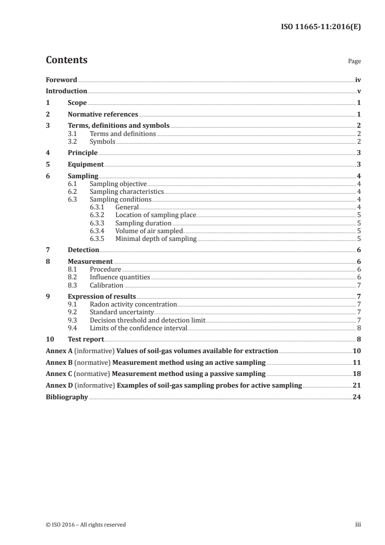 ISO 11665-11:2016 ISO 11665-11:2016 - Measurement of radioactivity in the environment — Air: radon-222 — Part 11: Test method for soil gas with sampling at depth/13/2016 - Page 3 preview