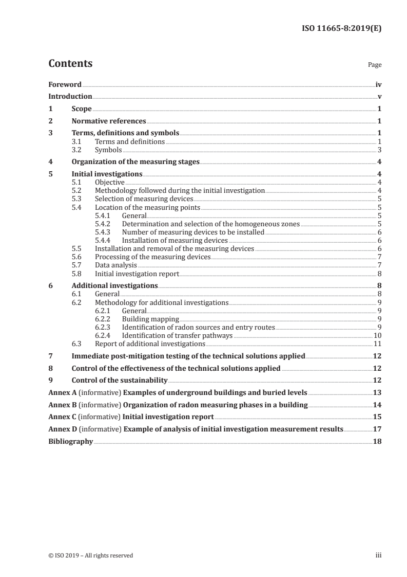 ISO 11665-8:2019 ISO 11665-8:2019 - Measurement of radioactivity in the environment — Air: radon-222 — Part 8: Methodologies for initial and additional investigations in buildings/10/2019 - Page 3 preview