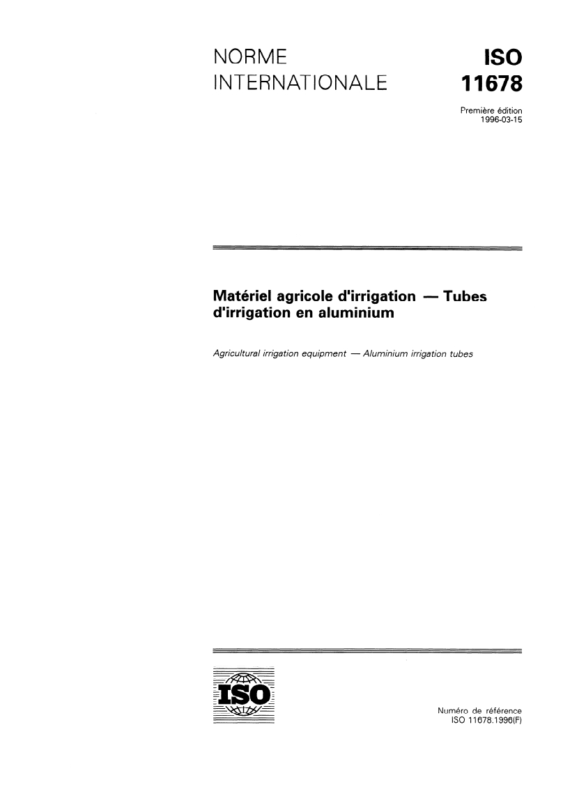 ISO 11678:1996 ISO 11678:1996 - Matériel agricole d'irrigation — Tubes d'irrigation en aluminium/14/1996 - Page 1 preview
