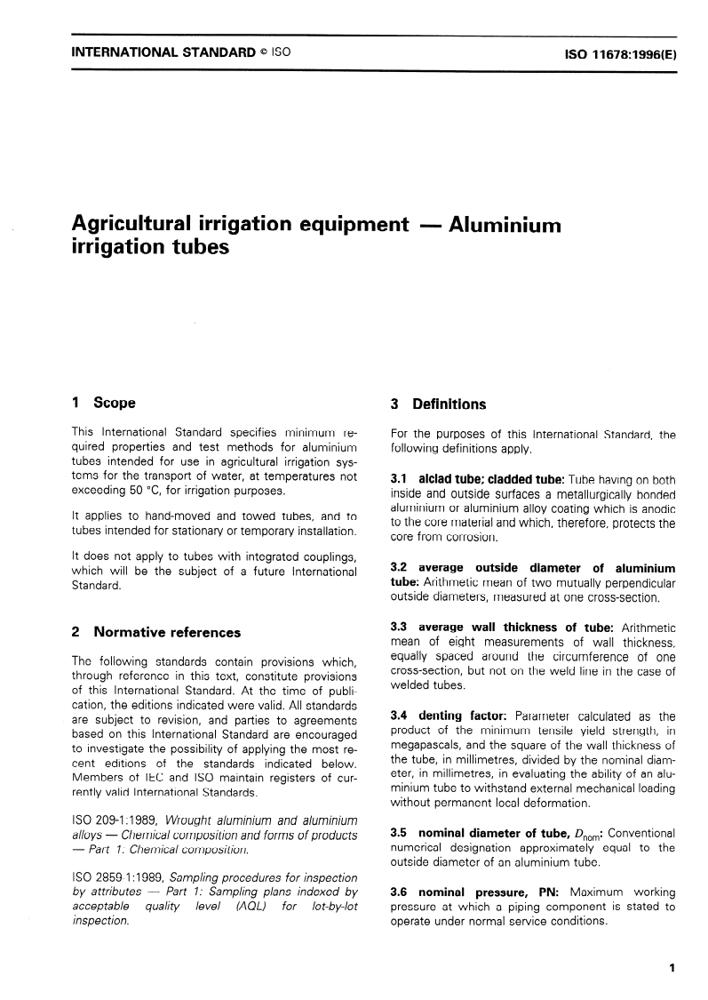ISO 11678:1996 ISO 11678:1996 - Agricultural irrigation equipment — Aluminium irrigation tubes/14/1996 - Page 3 preview
