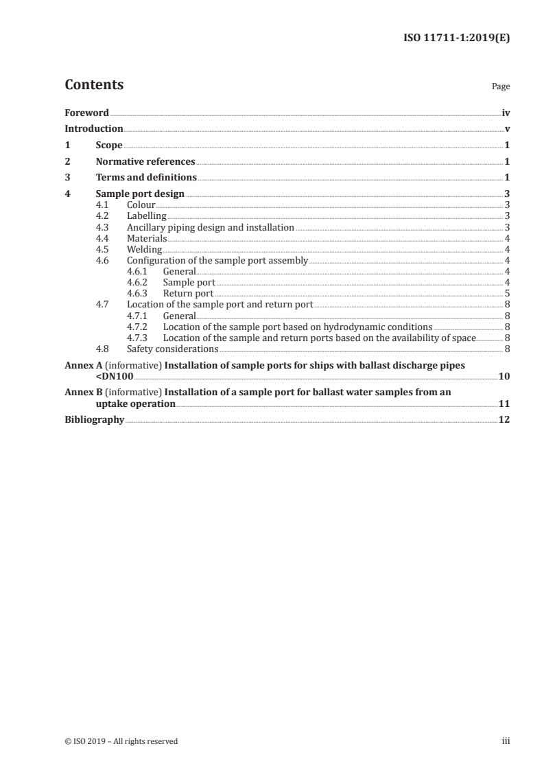 ISO 11711-1:2019 ISO 11711-1:2019 - Ships and marine technology — Aquatic nuisance species — Part 1: Ballast water discharge sample port/20/2019 - Page 3 preview
