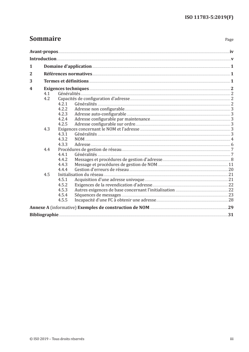ISO 11783-5:2019 ISO 11783-5:2019 - Tracteurs et matériels agricoles et forestiers — Réseaux de commande et de communication de données en série — Partie 5: Gestion du réseau/24/2019 - Page 3 preview