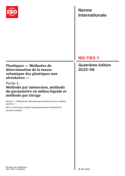 ISO 1183-1:2025 - Plastiques — Méthodes de détermination de la masse volumique des plastiques non alvéolaires — Partie 1: Méthode par immersion, méthode du pycnomètre en milieu liquide et méthode par titrage
Released:19. 06. 2025 - Page 1 preview