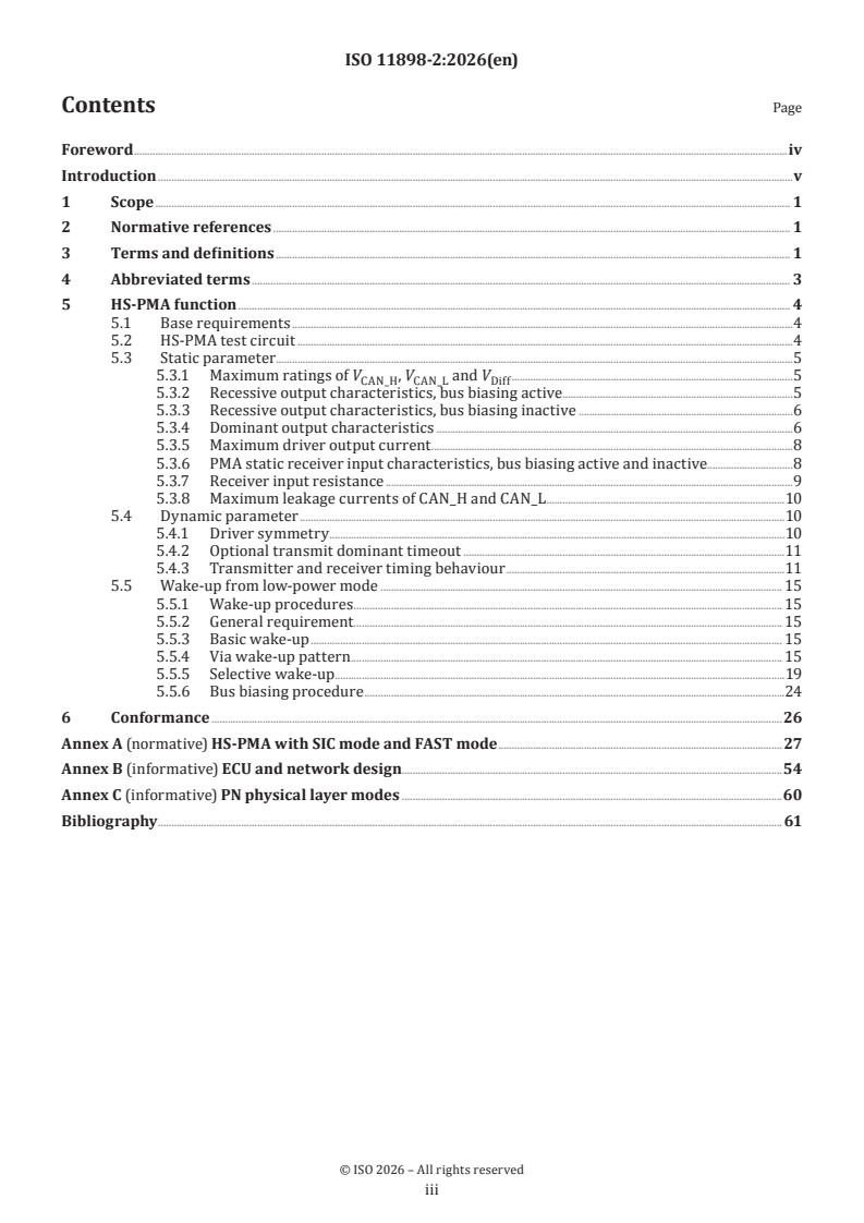 ISO 11898-2:2026 ISO 11898-2:2026 - Road vehicles — Controller area network (CAN) — Part 2: High-speed physical medium attachment (PMA) sublayer - Page 3 preview