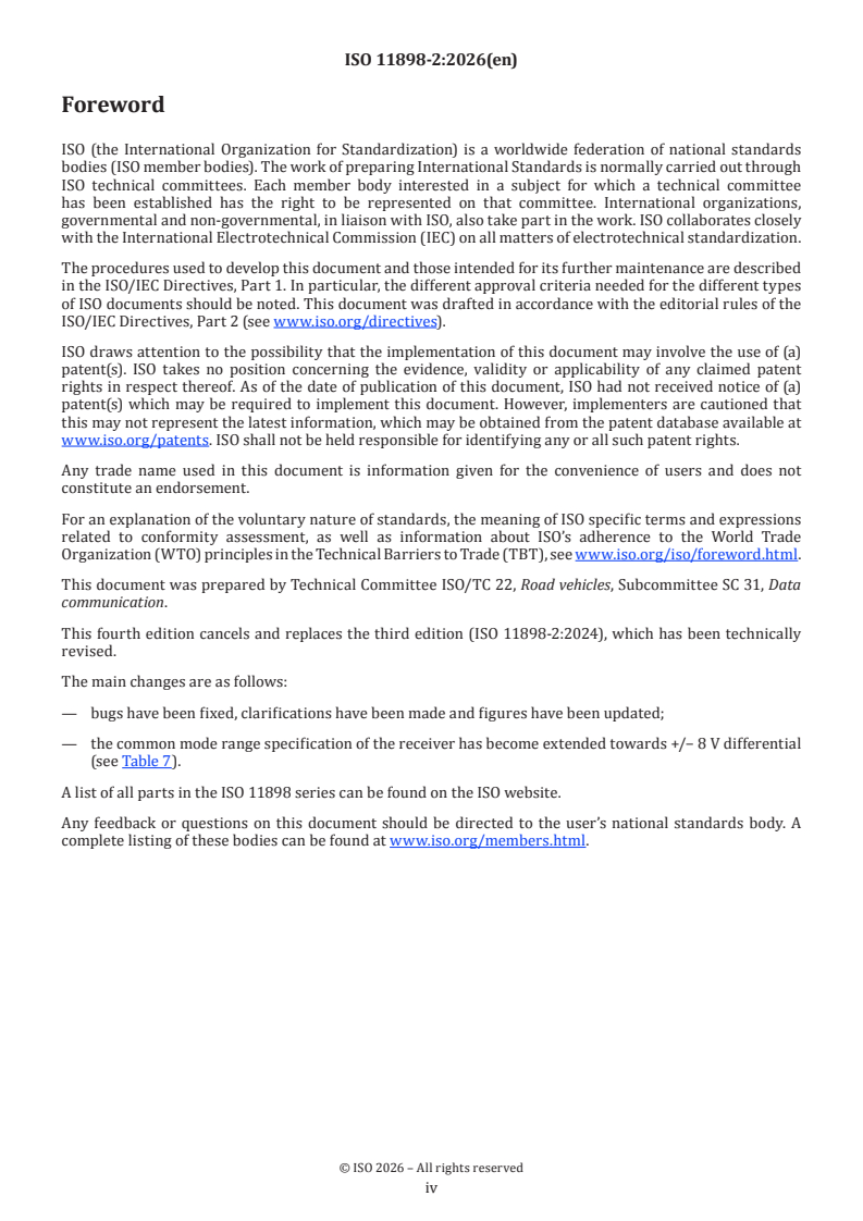ISO 11898-2:2026 ISO 11898-2:2026 - Road vehicles — Controller area network (CAN) — Part 2: High-speed physical medium attachment (PMA) sublayer - Page 4 preview