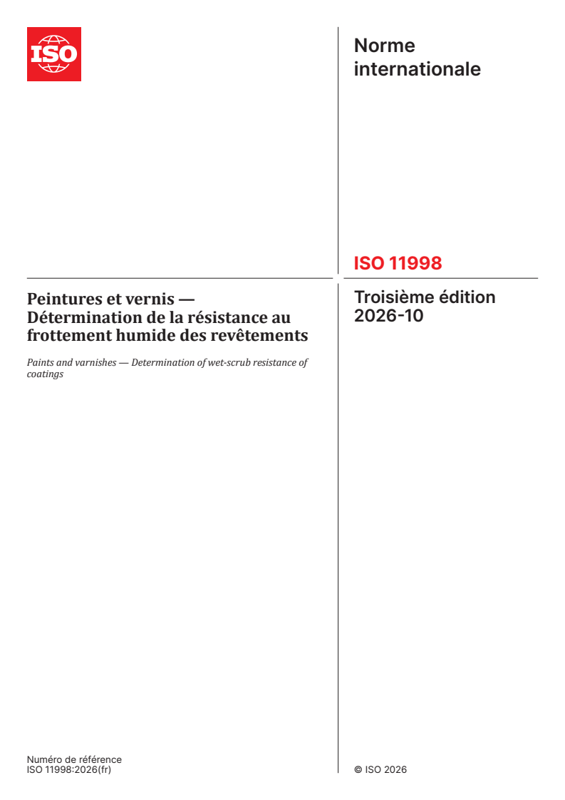 ISO 11998:2026 ISO 11998:2026 - Peintures et vernis — Détermination de la résistance au frottement humide des revêtements - Page 1 preview