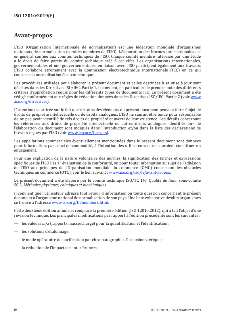 ISO 12010:2019 ISO 12010:2019 - Qualité de l'eau — Détermination des alcanes polychlorés à chaîne courte (SCCP) dans l'eau — Méthode par chromatographie gazeuse-spectrométrie de masse (CG-SM) avec ionisation chimique négative (ICN)/1/2019 - Page 4 preview
