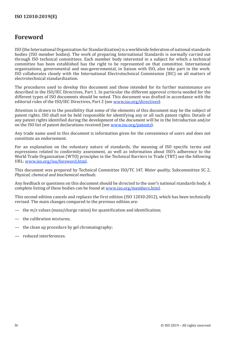 ISO 12010:2019 ISO 12010:2019 - Water quality — Determination of short-chain polychlorinated alkanes (SCCP) in water — Method using gas chromatography-mass spectrometry (GC-MS) and negative-ion chemical ionization (NCI)/1/2019 - Page 4 preview
