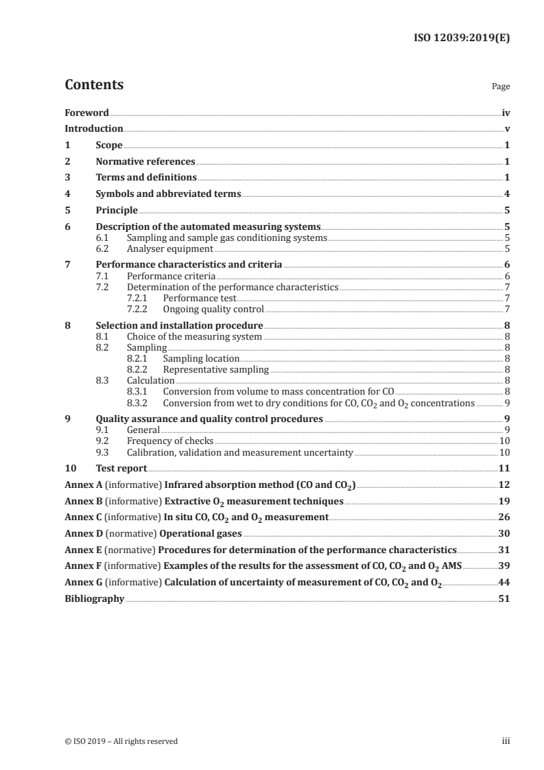 ISO 12039:2019 ISO 12039:2019 - Stationary source emissions — Determination of the mass concentration of carbon monoxide, carbon dioxide and oxygen in flue gas — Performance characteristics of automated measuring systems/22/2019 - Page 3 preview