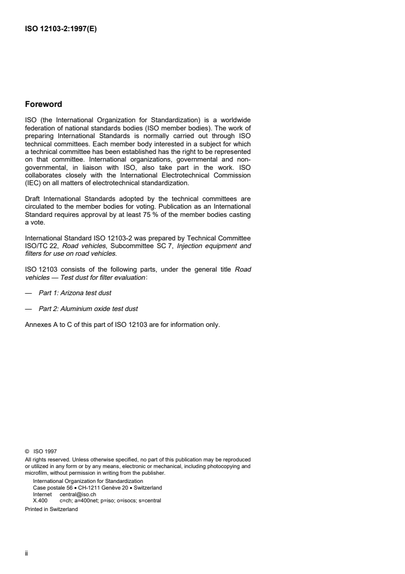 ISO 12103-2:1997 ISO 12103-2:1997 - Road vehicles — Test dust for filter evaluation — Part 2: Aluminium oxide test dust/11/1997 - Page 2 preview